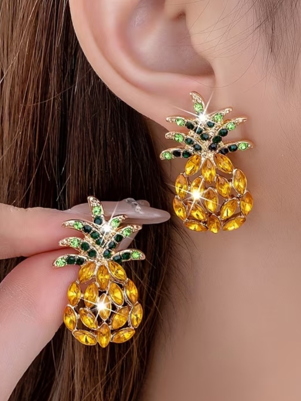 New Pineapple Crystal Drop Earrings - Gold and Green
